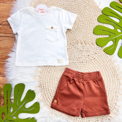  Conj. Camiseta com Bolsinho e Bermuda - Off White e Ferrugem